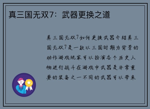真三国无双7：武器更换之道